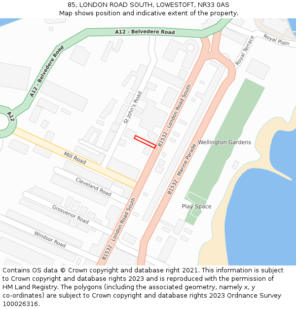 85, LONDON ROAD SOUTH, LOWESTOFT, NR33 0AS: Location map and indicative extent of plot