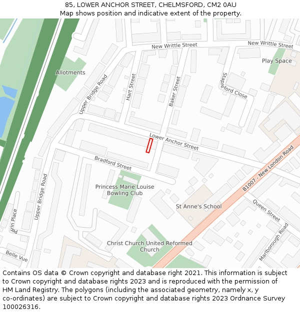 85, LOWER ANCHOR STREET, CHELMSFORD, CM2 0AU: Location map and indicative extent of plot