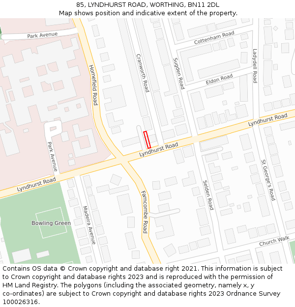 85, LYNDHURST ROAD, WORTHING, BN11 2DL: Location map and indicative extent of plot