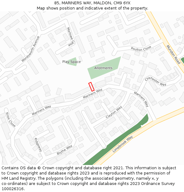 85, MARINERS WAY, MALDON, CM9 6YX: Location map and indicative extent of plot