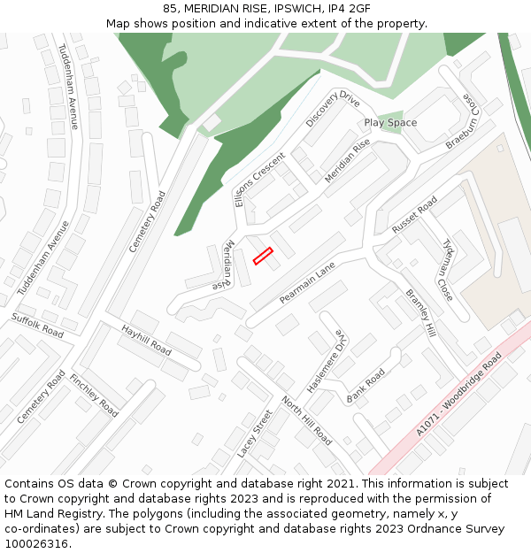85, MERIDIAN RISE, IPSWICH, IP4 2GF: Location map and indicative extent of plot