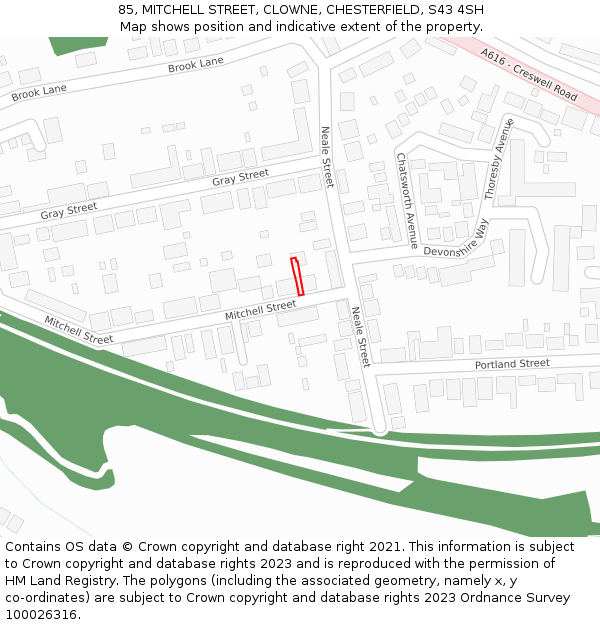 85, MITCHELL STREET, CLOWNE, CHESTERFIELD, S43 4SH: Location map and indicative extent of plot