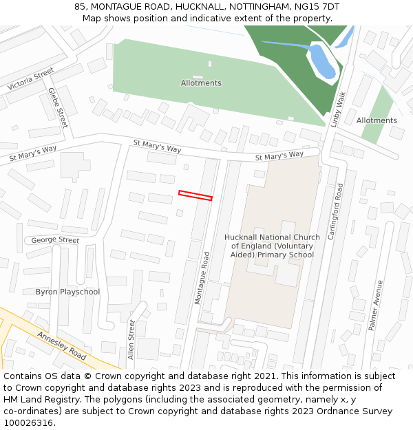 85, MONTAGUE ROAD, HUCKNALL, NOTTINGHAM, NG15 7DT: Location map and indicative extent of plot