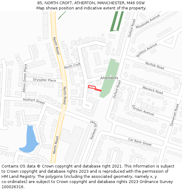 85, NORTH CROFT, ATHERTON, MANCHESTER, M46 0SW: Location map and indicative extent of plot