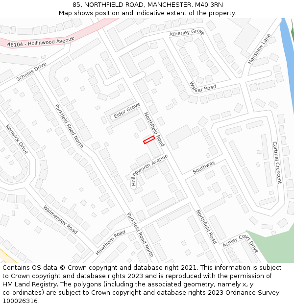 85, NORTHFIELD ROAD, MANCHESTER, M40 3RN: Location map and indicative extent of plot