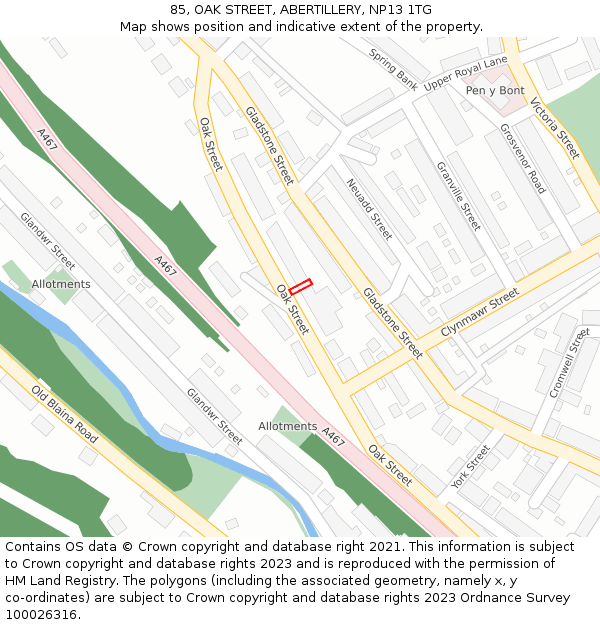 85, OAK STREET, ABERTILLERY, NP13 1TG: Location map and indicative extent of plot