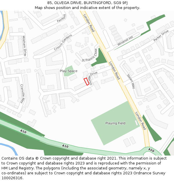85, OLVEGA DRIVE, BUNTINGFORD, SG9 9FJ: Location map and indicative extent of plot