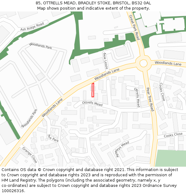 85, OTTRELLS MEAD, BRADLEY STOKE, BRISTOL, BS32 0AL: Location map and indicative extent of plot
