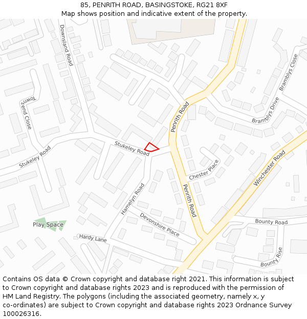 85, PENRITH ROAD, BASINGSTOKE, RG21 8XF: Location map and indicative extent of plot