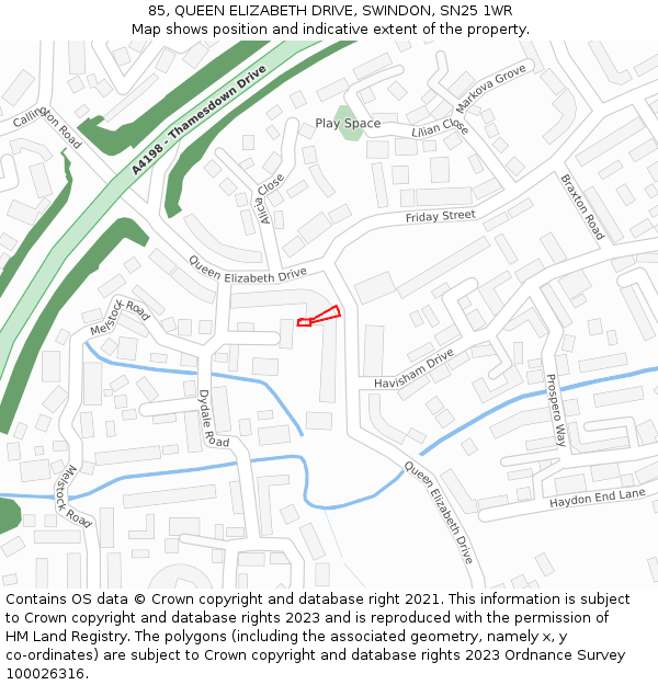 85, QUEEN ELIZABETH DRIVE, SWINDON, SN25 1WR: Location map and indicative extent of plot