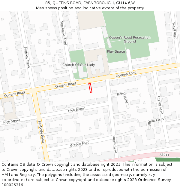85, QUEENS ROAD, FARNBOROUGH, GU14 6JW: Location map and indicative extent of plot