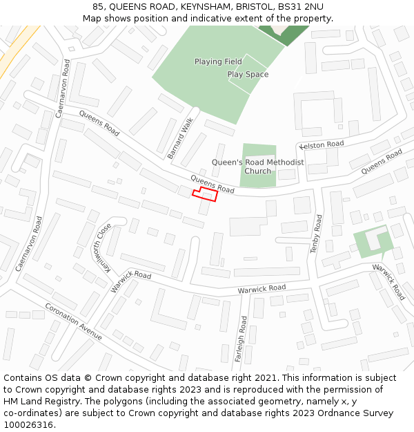 85, QUEENS ROAD, KEYNSHAM, BRISTOL, BS31 2NU: Location map and indicative extent of plot