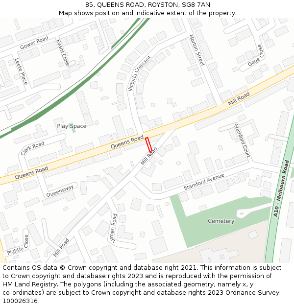 85, QUEENS ROAD, ROYSTON, SG8 7AN: Location map and indicative extent of plot