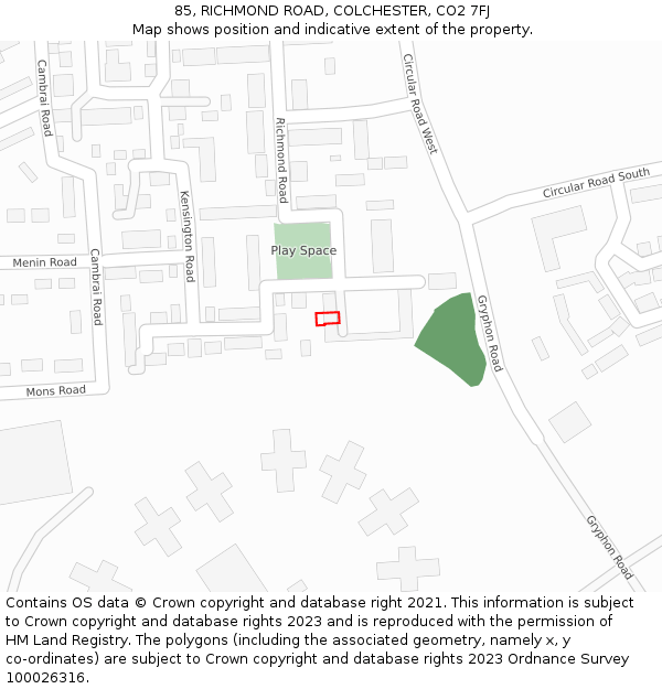 85, RICHMOND ROAD, COLCHESTER, CO2 7FJ: Location map and indicative extent of plot