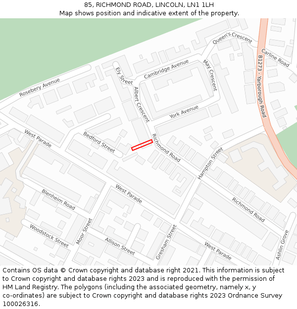 85, RICHMOND ROAD, LINCOLN, LN1 1LH: Location map and indicative extent of plot