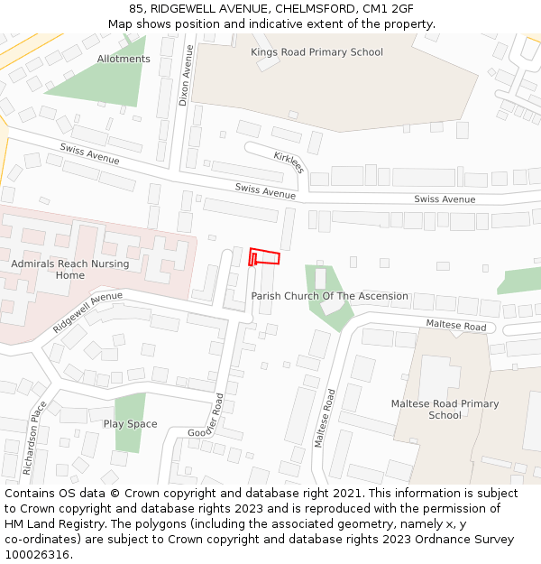 85, RIDGEWELL AVENUE, CHELMSFORD, CM1 2GF: Location map and indicative extent of plot