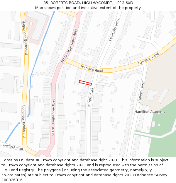 85, ROBERTS ROAD, HIGH WYCOMBE, HP13 6XD: Location map and indicative extent of plot