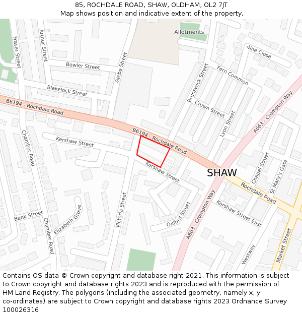 85, ROCHDALE ROAD, SHAW, OLDHAM, OL2 7JT: Location map and indicative extent of plot