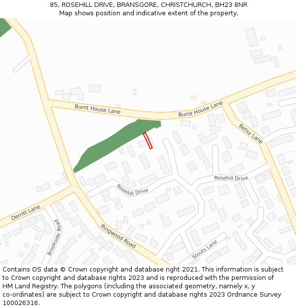 85, ROSEHILL DRIVE, BRANSGORE, CHRISTCHURCH, BH23 8NR: Location map and indicative extent of plot
