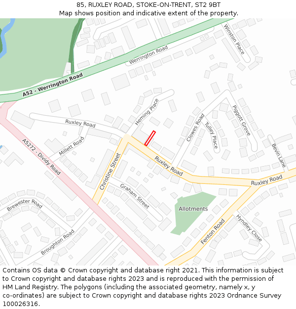 85, RUXLEY ROAD, STOKE-ON-TRENT, ST2 9BT: Location map and indicative extent of plot