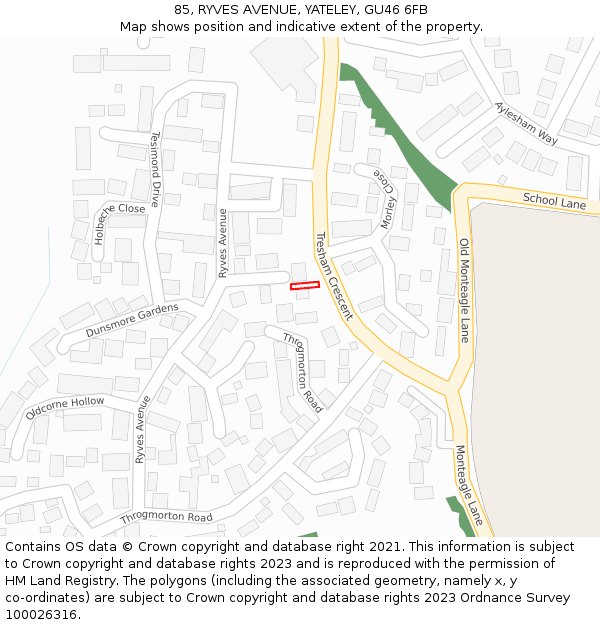 85, RYVES AVENUE, YATELEY, GU46 6FB: Location map and indicative extent of plot