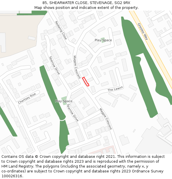 85, SHEARWATER CLOSE, STEVENAGE, SG2 9RX: Location map and indicative extent of plot