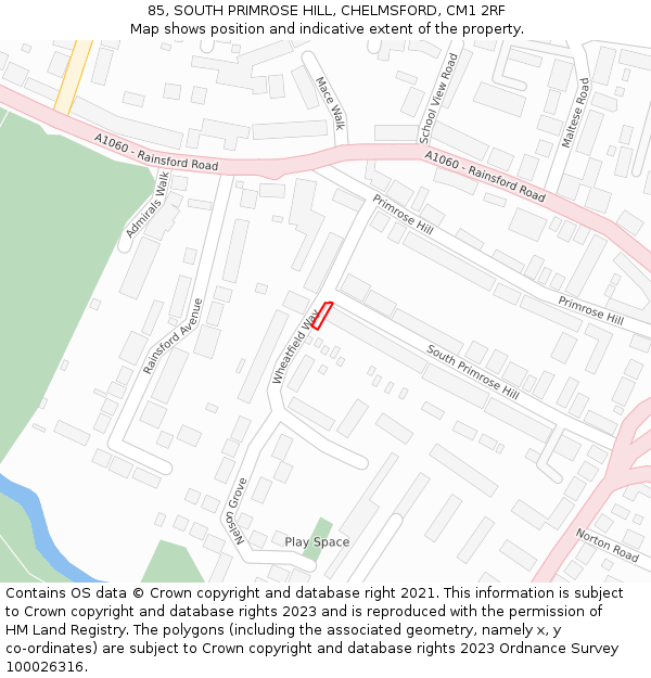 85, SOUTH PRIMROSE HILL, CHELMSFORD, CM1 2RF: Location map and indicative extent of plot