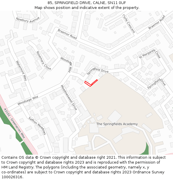 85, SPRINGFIELD DRIVE, CALNE, SN11 0UF: Location map and indicative extent of plot
