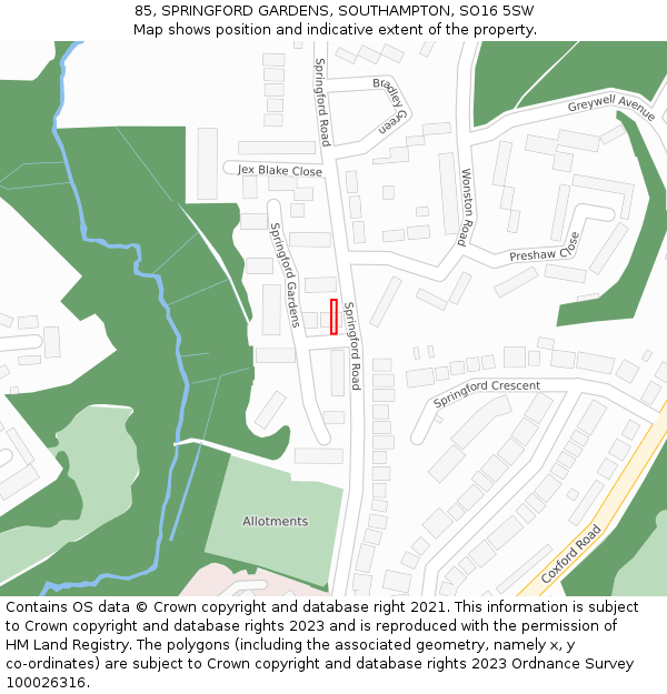 85, SPRINGFORD GARDENS, SOUTHAMPTON, SO16 5SW: Location map and indicative extent of plot