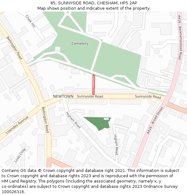 85, SUNNYSIDE ROAD, CHESHAM, HP5 2AP: Location map and indicative extent of plot