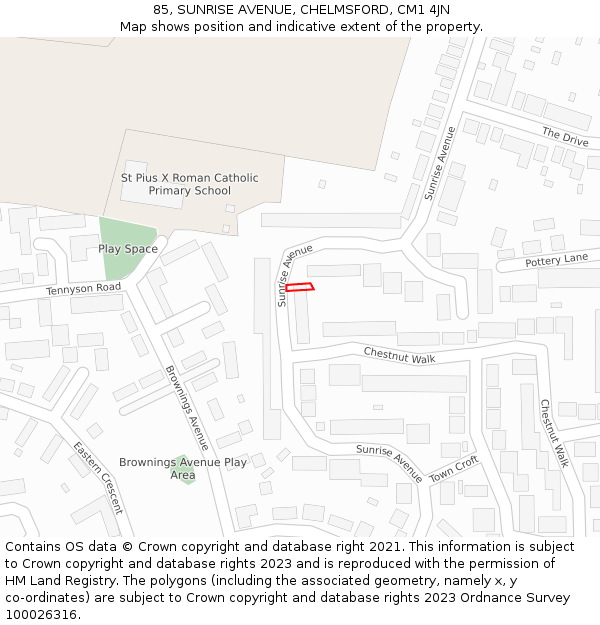 85, SUNRISE AVENUE, CHELMSFORD, CM1 4JN: Location map and indicative extent of plot