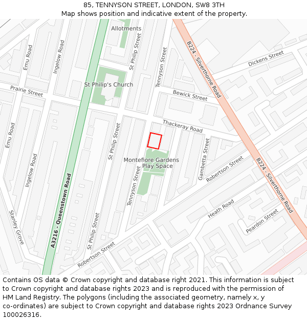 85, TENNYSON STREET, LONDON, SW8 3TH: Location map and indicative extent of plot