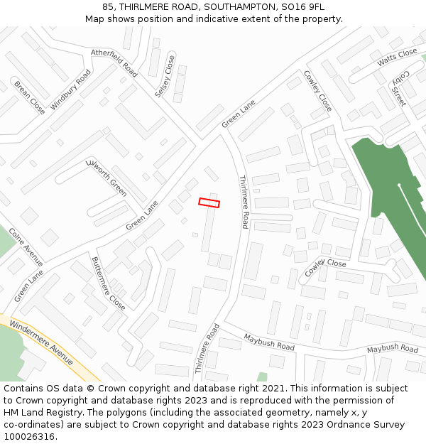 85, THIRLMERE ROAD, SOUTHAMPTON, SO16 9FL: Location map and indicative extent of plot