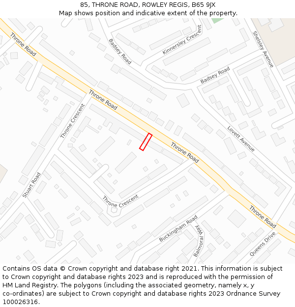 85, THRONE ROAD, ROWLEY REGIS, B65 9JX: Location map and indicative extent of plot