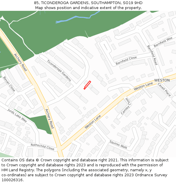 85, TICONDEROGA GARDENS, SOUTHAMPTON, SO19 9HD: Location map and indicative extent of plot