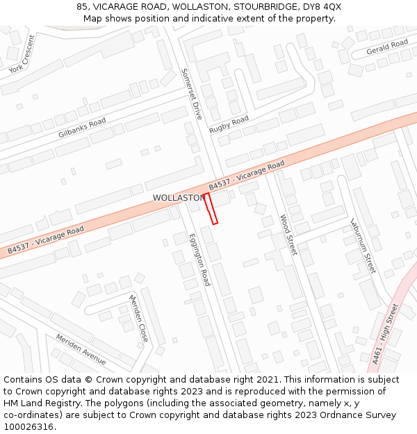 85, VICARAGE ROAD, WOLLASTON, STOURBRIDGE, DY8 4QX: Location map and indicative extent of plot