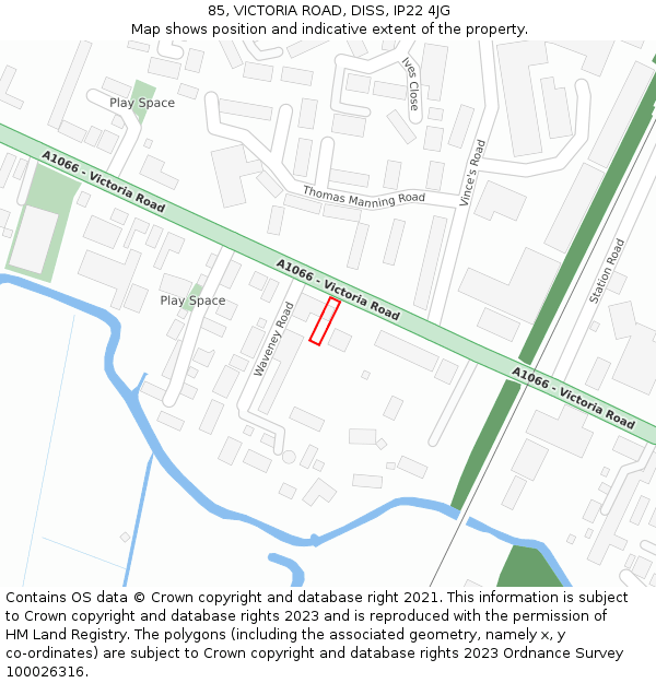 85, VICTORIA ROAD, DISS, IP22 4JG: Location map and indicative extent of plot