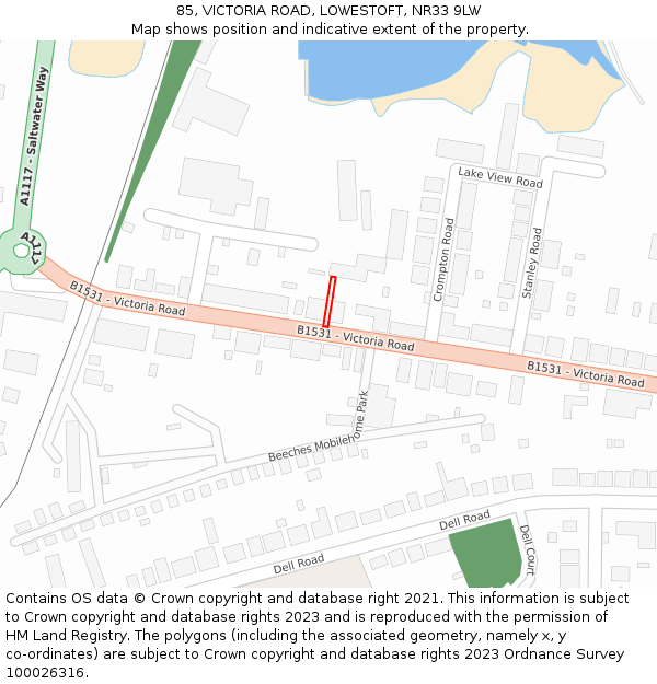 85, VICTORIA ROAD, LOWESTOFT, NR33 9LW: Location map and indicative extent of plot
