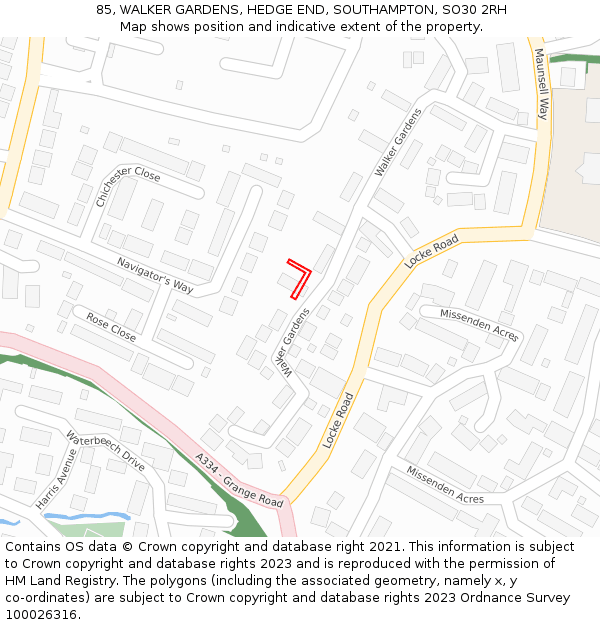 85, WALKER GARDENS, HEDGE END, SOUTHAMPTON, SO30 2RH: Location map and indicative extent of plot