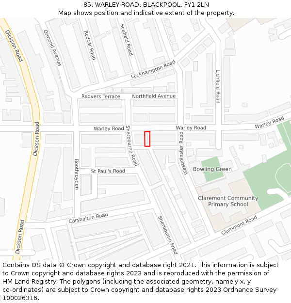 85, WARLEY ROAD, BLACKPOOL, FY1 2LN: Location map and indicative extent of plot
