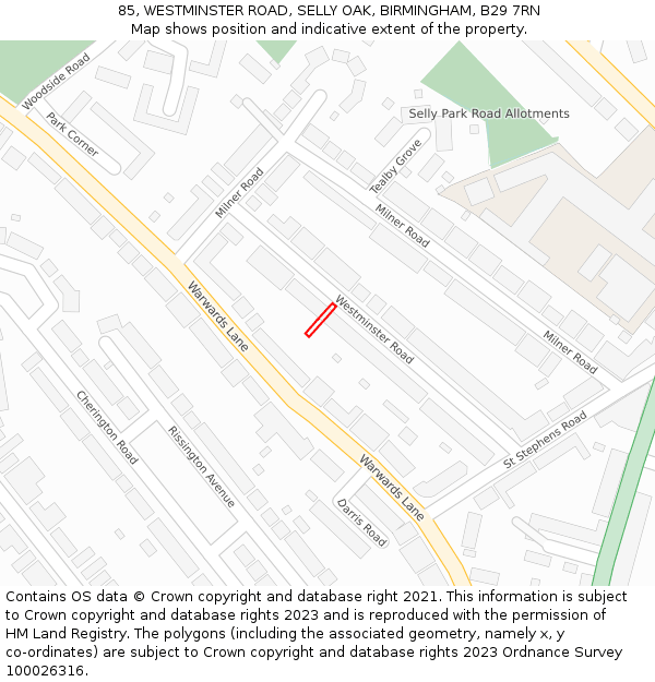 85, WESTMINSTER ROAD, SELLY OAK, BIRMINGHAM, B29 7RN: Location map and indicative extent of plot