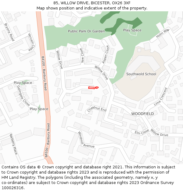 85, WILLOW DRIVE, BICESTER, OX26 3XF: Location map and indicative extent of plot
