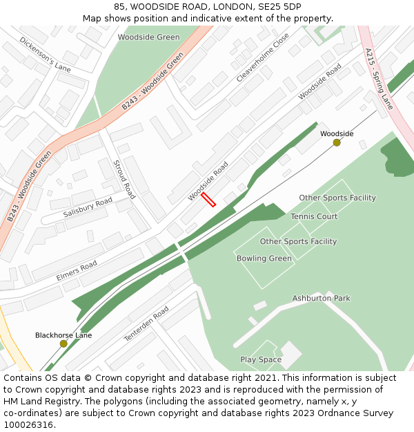 85, WOODSIDE ROAD, LONDON, SE25 5DP: Location map and indicative extent of plot