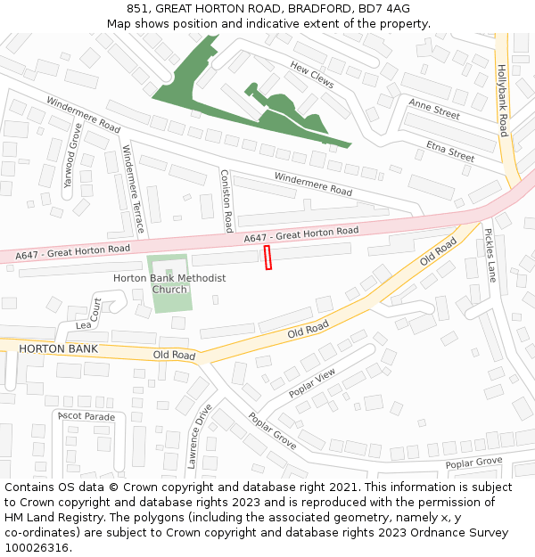 851, GREAT HORTON ROAD, BRADFORD, BD7 4AG: Location map and indicative extent of plot