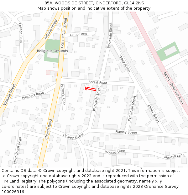 85A, WOODSIDE STREET, CINDERFORD, GL14 2NS: Location map and indicative extent of plot