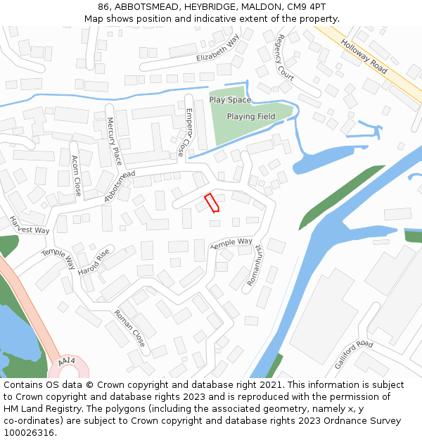 86, ABBOTSMEAD, HEYBRIDGE, MALDON, CM9 4PT: Location map and indicative extent of plot
