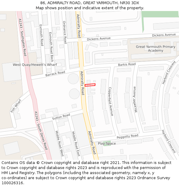 86, ADMIRALTY ROAD, GREAT YARMOUTH, NR30 3DX: Location map and indicative extent of plot