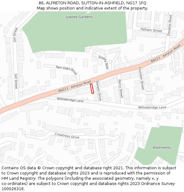 86, ALFRETON ROAD, SUTTON-IN-ASHFIELD, NG17 1FQ: Location map and indicative extent of plot