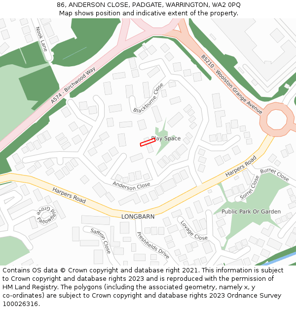 86, ANDERSON CLOSE, PADGATE, WARRINGTON, WA2 0PQ: Location map and indicative extent of plot