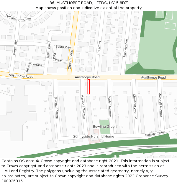 86, AUSTHORPE ROAD, LEEDS, LS15 8DZ: Location map and indicative extent of plot